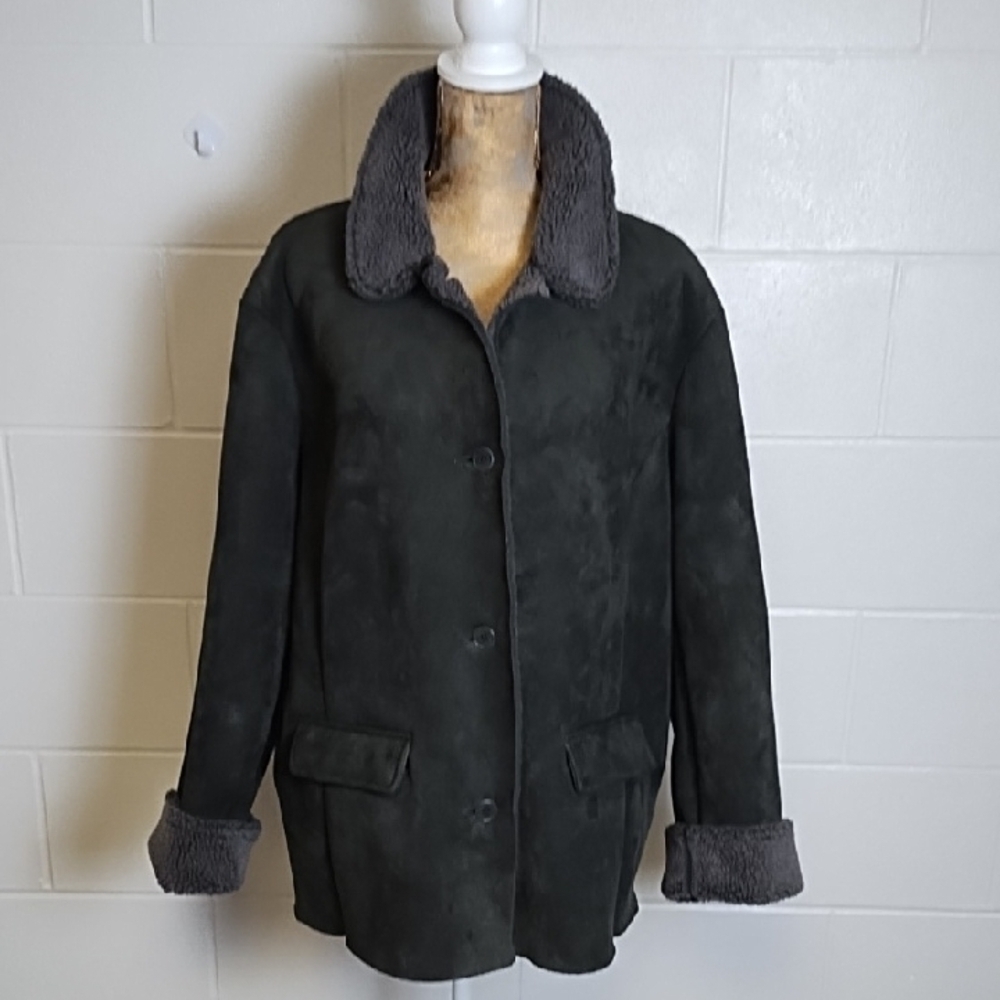 Lands' End Suede  Sherpa Barn Jacket with Prominent Collar and Contrasting Cuffs